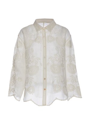 Let hvid langærmet bluse med blomsterbroderi, bølget kant, knapper foran og spids krave.