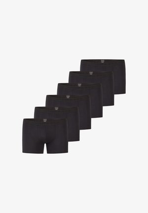Schwarze Boxershorts aus Baumwolle mit einem weichen, elastischen Bund und einer engen Passform. Sechs Paare sind in einer Reihe gestapelt.