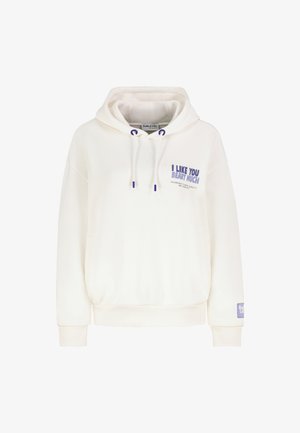 Witte hoodie van zachte stof, met een voorkantzak en paarse trekkoorden. Tekst op de voorkant luidt: "IK VIND JE BEARY LEUK."