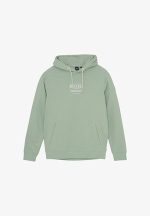 Mintgrøn hoodie lavet af blødt stof, med en front kangaroo lomme, snoretræk i hætten og trykt logo på brystet.