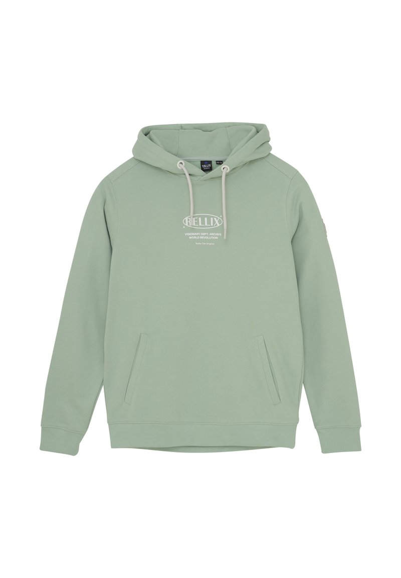 Mintgroene hoodie van zacht materiaal, met een voorste kangaroo zak, trekkoord capuchon en bedrukt logo op de borst.