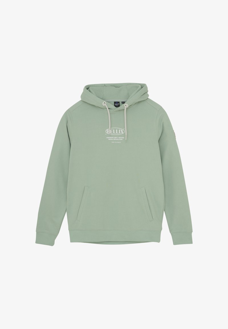 Miętowa bluza z kapturem wykonana z miękkiego materiału, z kieszenią typu kangurka z przodu, kapturem ze sznurkiem i nadrukowanym logo na klatce piersiowej.