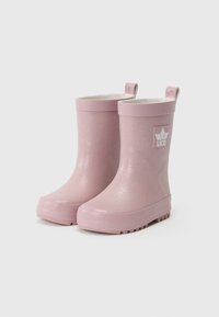 Ροζ γυαλιστερές λάσπες με λεία επιφάνεια, κοντό πάνω μέρος, υφασμάτινη σόλα και λευκή λεπτομέρεια λογότυπου στο πλάι. Δύο χερούλια στην κορυφή.