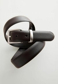 Brown leather belt with a textured finish, featuring a silver metal buckle and a smooth strap, coiled neatly.