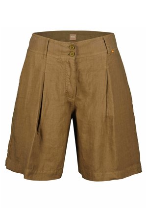 Bruine shorts met hoge taille, twee knopen aan de voorkant, plooien aan de zijkant, riemlussen en een klein oranje label aan de rechterkant.