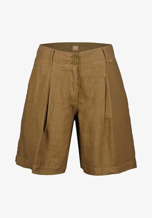 Pantalones cortos marrones de cintura alta con dos botones frontales, pliegues laterales, trabillas para cinturón y una pequeña etiqueta naranja en el lado derecho.