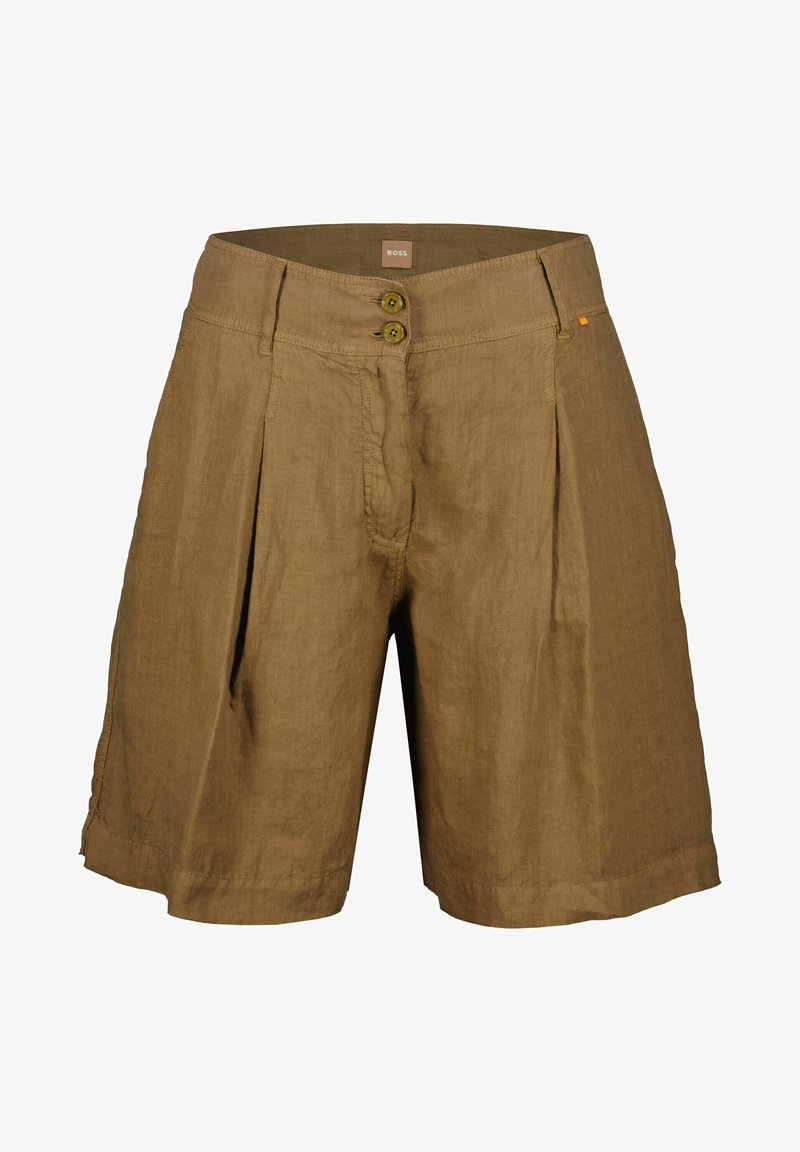 Shorts marron taille haute avec deux boutons à l'avant, plis sur les côtés, passants pour ceinture et une petite étiquette orange sur le côté droit.