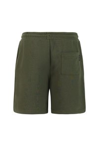 Olivengroene shorts met elastische tailleband en een enkele achterzak aan de rechterkant met een klein zwart label.