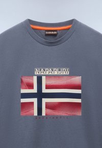 Grå bomulds t-shirt med grafisk tryk af det røde, hvide og blå norske flag. "NAPAPIJRI" logo ovenfor og "geographic" tekst i rødt.