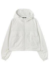 Bílá krátká bunda z lehké látky. Má kapuci, přední zip, dvě náprsní kapsy a elastické manžety.