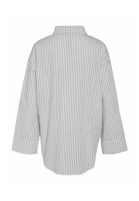 White shirt with black vertical stripes, relaxed fit, collar, and three-quarter sleeves, made of a smooth fabric with a soft texture.