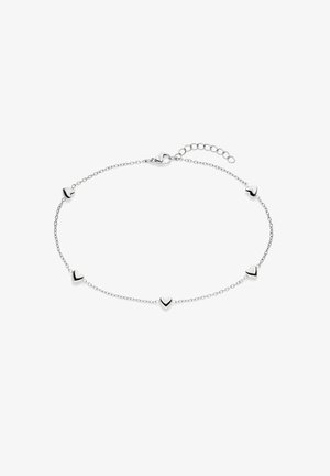 Zierliches Armband mit silberner Kette, das fünf gleichmäßig verteilte kleine herzförmige Anhänger und einen verstellbaren Verschluss besitzt.