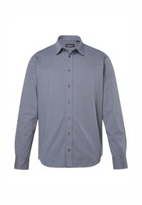 Camicia button-up grigio chiaro con colletto, maniche lunghe e chiusura frontale con bottoni. Tessuto liscio senza motivi o accenti.