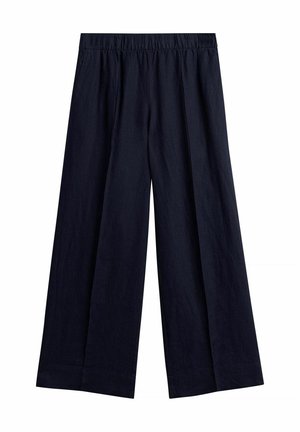 Losse zwarte broek met brede pijpen en elastische tailleband, gemaakt van lichtgewicht stof, plat weergegeven tegen een witte achtergrond.