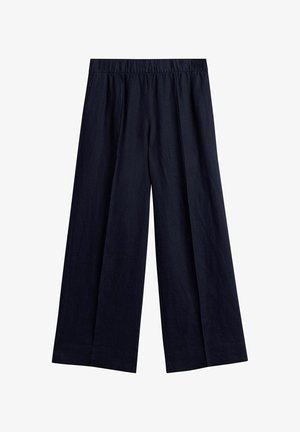 Løse, sorte bukser med vide ben og elastisk talje, lavet af letvægtsstof, vist fladt mod en hvid baggrund.