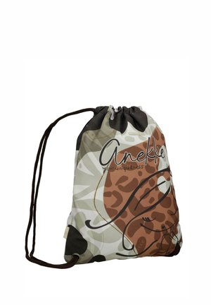 Mochila con cordón con patrones abstractos en marrón, beige y verde, con el logo "Anekke" y el texto "Tu singularidad" en la parte delantera.