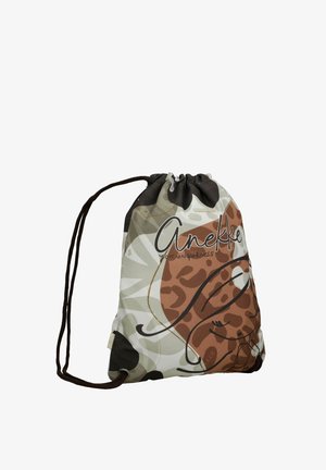 Mochila con cordón con patrones abstractos en marrón, beige y verde, con el logo "Anekke" y el texto "Tu singularidad" en la parte delantera.