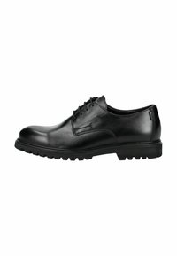 Scarpa nera in pelle, con punta arrotondata, design a lacci e suola in gomma testurizzata con scanalature angolari per trazione.