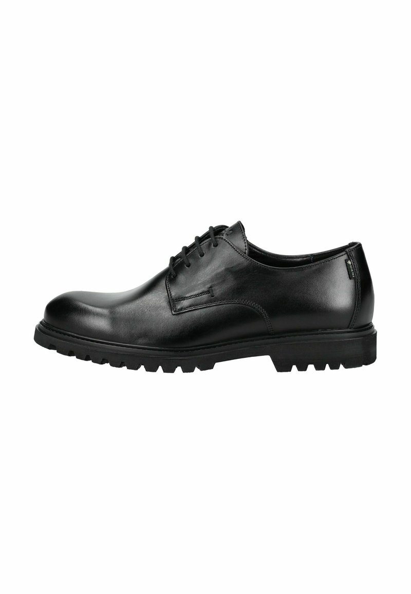 Scarpa nera in pelle, con punta arrotondata, design a lacci e suola in gomma testurizzata con scanalature angolari per trazione.