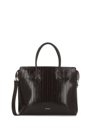 Sac à main en cuir noir brillant avec deux poignées, bandoulière amovible, texture verticale et petit logo doré de la marque à l'avant.