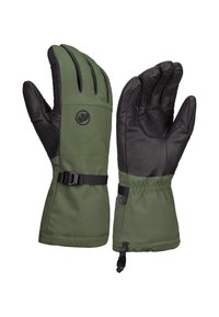 Grüne isolierte Handschuhe mit schwarzen Lederhandflächen, verstellbaren Handgelenkriemen und strukturiertem Griff. Mit einem Logo im Handgelenkbereich.