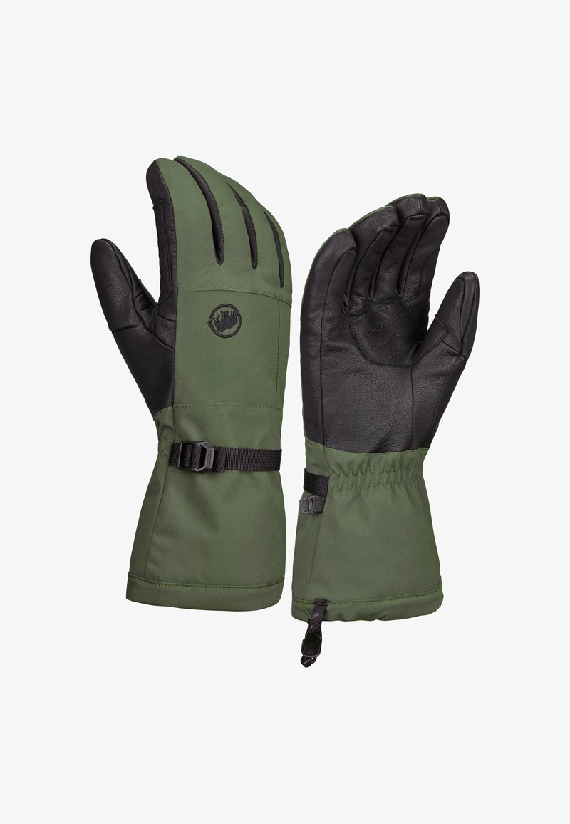 Gröna isolerade handskar med svarta läderhandflator, justerbara handledsremmar och strukturerat grepp. Har en logotyp på handledsområdet.