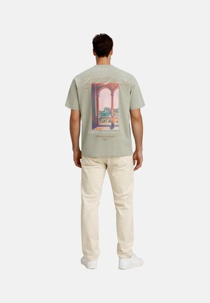 Homme portant un t-shirt vert clair avec un imprimé du balcon de la Villa Majestic, un pantalon crème et des baskets blanches, debout de dos sur un fond uni.