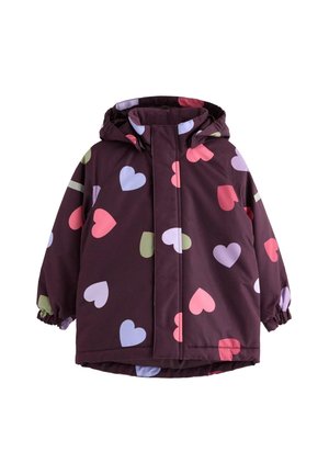 Dunkellila Kinderjacke mit Kapuze und bunten Herzmustern in Pink, Lavendel und Grün, elastischen Bündchen und Frontreißverschluss mit Klappe.