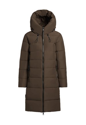 Abrigo puffer largo marrón con capucha grande, patrón de acolchado horizontal, cremallera frontal y bolsillos laterales. Hecho de un material sintético suave.