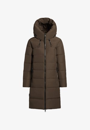 Lange bruine pufferjas met een grote capuchon, horizontaal gewatteerd patroon, voerring en zijzakken. Gemaakt van glad synthetisch materiaal.