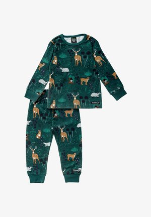 Vihreä pyjamasetti, jossa on pitkähihainen paita ja housut metsäeläinkuvioilla oranssin, valkoisen ja violetin sävyissä; pehmeä kangas.