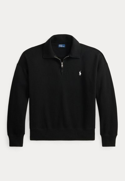 Maglione nero a maniche lunghe con collo con zip a un quarto e piccolo logo bianco ricamato di cavallo sul petto sinistro.