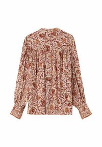 Chemise à manches longues en tissu beige avec un motif floral rouge et orange. Présente un dos froncé et des poignets brodés.