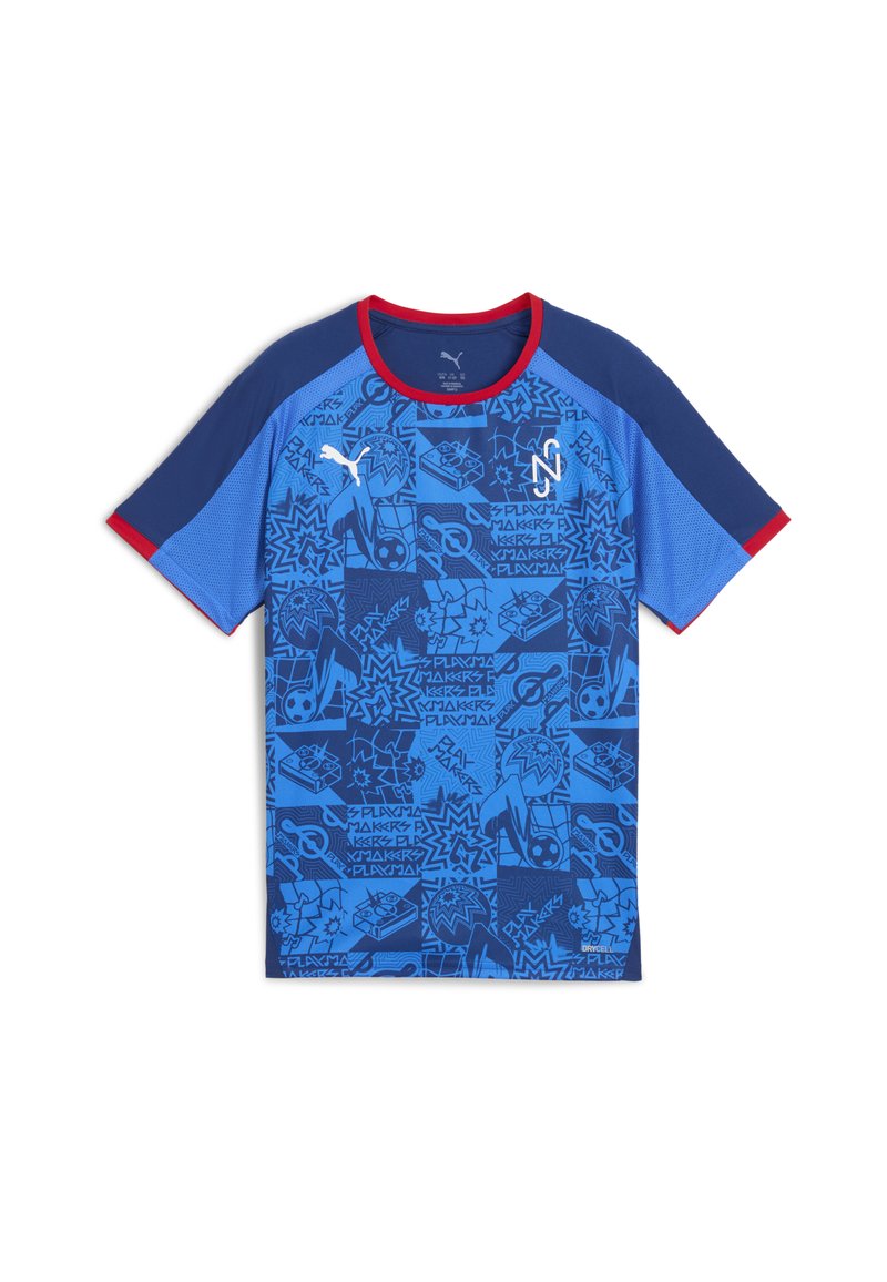 Blå kortärmad sportskjorta med grafiska mönster i olika nyanser av blått, med en röd halsringning och sidodetaljer. Tillverkad av andningsbart tyg.