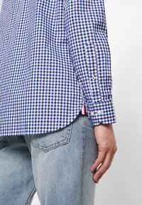 Camicetta a quadretti blu e bianchi con colletto button-down, maniche lunghe e orlo curvo, abbinata a jeans azzurri chiari.