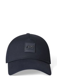 Cappello blu navy realizzato in tessuto liscio, con un logo nero in rilievo sulla parte frontale. Design strutturato con visiera curva.