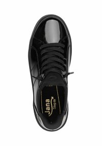 Black patent leather sneaker with a round toe, flat laces, and a cushioned insole; features logo detailing on the insole and textured sides.
