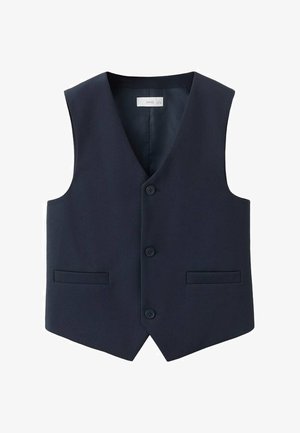 Teget prsluk s V-izrezom, jednorednim kopčanjem, tri gumba i dva prednja džepa. Izrađen od glatkog materijala.