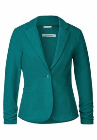 Teal kavaj tillverkad av stretchtyg, med kavajkrage, enfärgad knappstängning och två framfickor. Långa ärmar med rynkade manschetter.