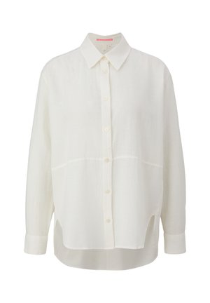 Weißes Leinenhemd mit Knopfleiste, Spread-Kragen, langen Ärmeln und lockerer Passform. Verfügt über eine horizontale Nahtdetails und seitliche Schlitze.
