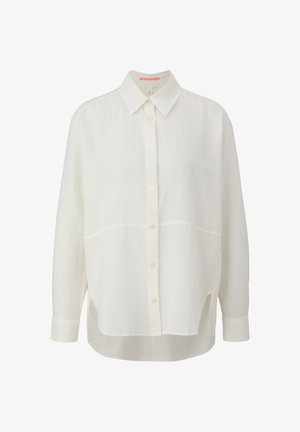 Weißes Leinenhemd mit Knopfleiste, Spread-Kragen, langen Ärmeln und lockerer Passform. Verfügt über eine horizontale Nahtdetails und seitliche Schlitze.