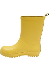 Žlutá gumová dešťová bota s oblým špičkou, strukturovanou podrážkou a krátkým svrškem. Má smyčku na patě pro snadné obouvání.