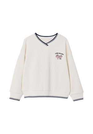 Cream sweatshirt with navy striped V-neck, cuffs, and hem, featuring "Long Island Beach Club" text on the chest.