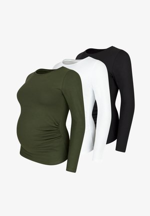 Set aus drei langärmeligen Schwangerschaftsshirts in olivgrün, weiß und schwarz. Mit gerüschten Seiten und einem runden Ausschnitt. Aus weichem Stoff.