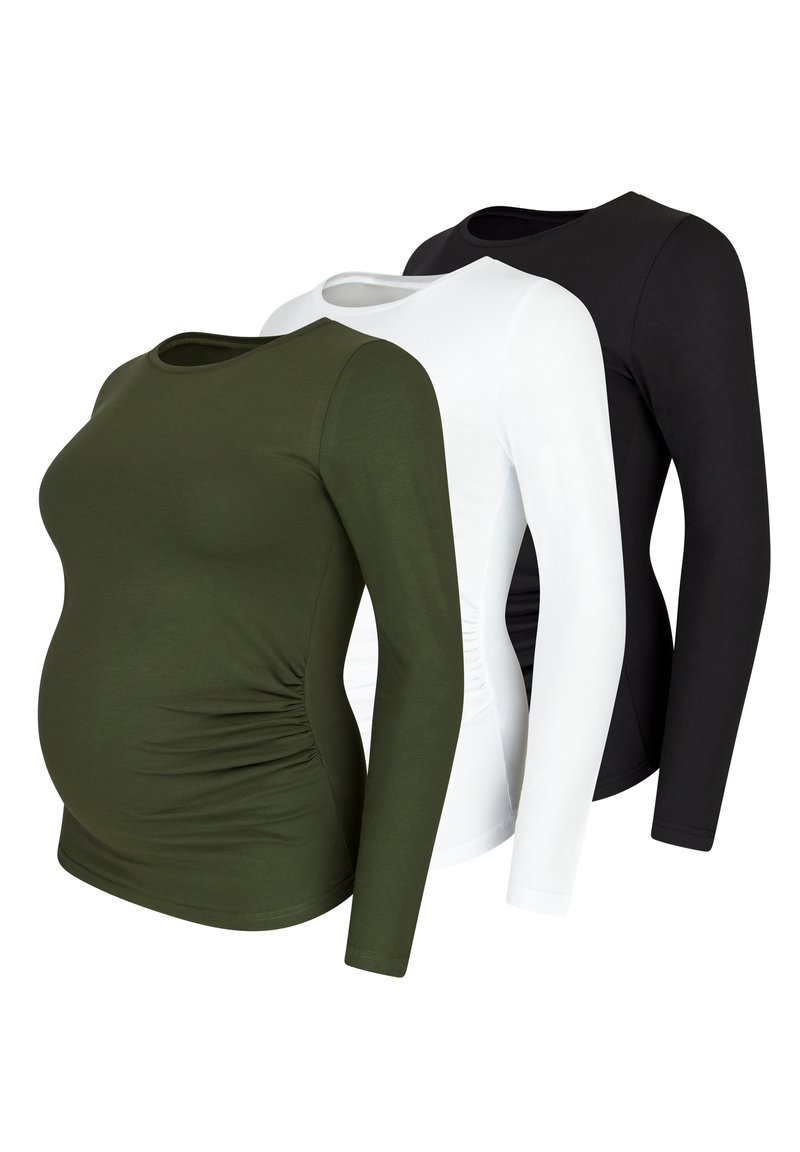 Set aus drei langärmeligen Schwangerschaftsshirts in olivgrün, weiß und schwarz. Mit gerüschten Seiten und einem runden Ausschnitt. Aus weichem Stoff.