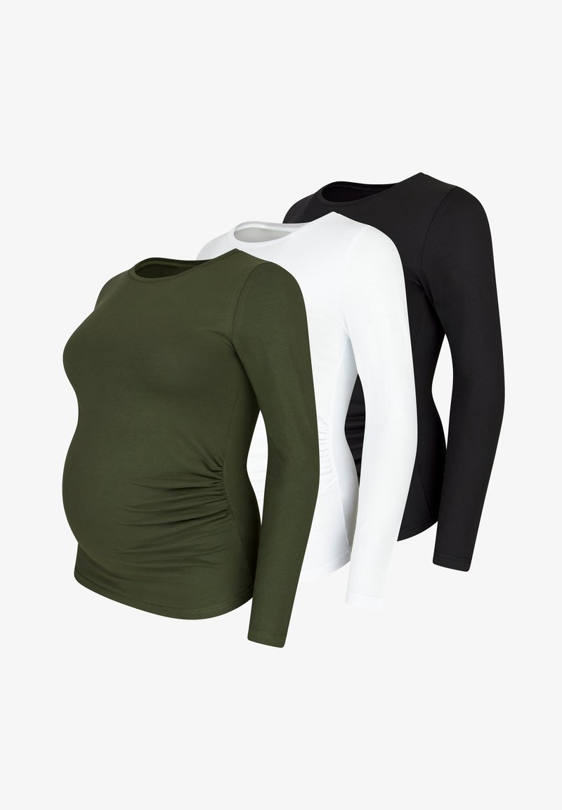 Set of three long-sleeve maternity shirts in olive green, white, and black. Features ruched sides and a rounded neckline. Soft fabric.