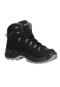 Bottes de randonnée noires avec des accents argentés, en tissu texturé, avec un design de cheville haute et une semelle grise robuste. Comprend des œillets renforcés et des lacets.