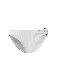 Balti baltos bikini kelnaitės su suminėta tekstūra, turinčios šoninio sagties detalę ir lygią vidinę pamušalą. Paprastas ir modernus dizainas.