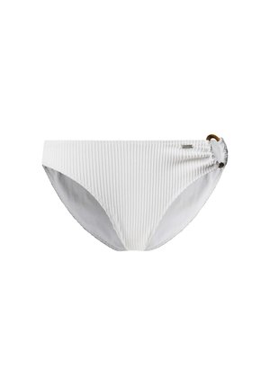 Białe bikini dolne o prążkowanej teksturze, z bocznym zapięciem i gładkim wewnętrznym wykończeniem. Prosty i elegancki design.