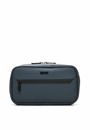 Kompaktowa prostokątna ciemnoszara torba na kosmetyki z przednią kieszenią na zamek i podwójnym zamknięciem na zamek na górze.